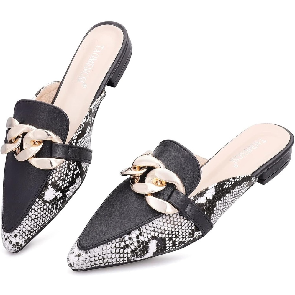 WAMBHC Pointed Toe Mules with Gold Chain, Size 10